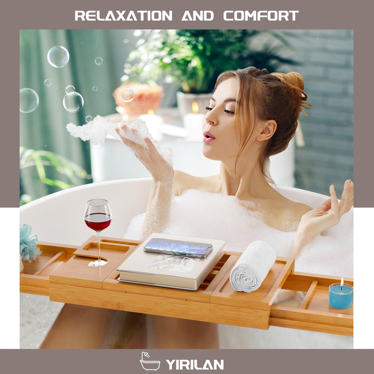 Yirilan Bamboo Bathtub Tray, Expandable Bathroom Tray, Waterproof Tray Caddy, Perfect Bath Caddy for Home Spa, Gift for Loved Ones, Bamboo Yirilan