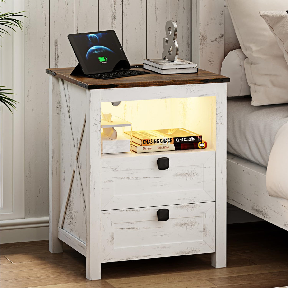FREDEES Farmhouse Nightstand with Charging Station & Power Outlets, Smart LED Night Stand with Human Sensor 3 Color Lights&Drawers, Farmhouse End Side Table for Bedroom/Living Room, Antique White FREDEES