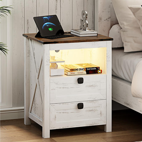 FREDEES Farmhouse Nightstand with Charging Station & Power Outlets, Smart LED Night Stand with Human Sensor 3 Color Lights&Drawers, Farmhouse End Side Table for Bedroom/Living Room, Antique White FREDEES
