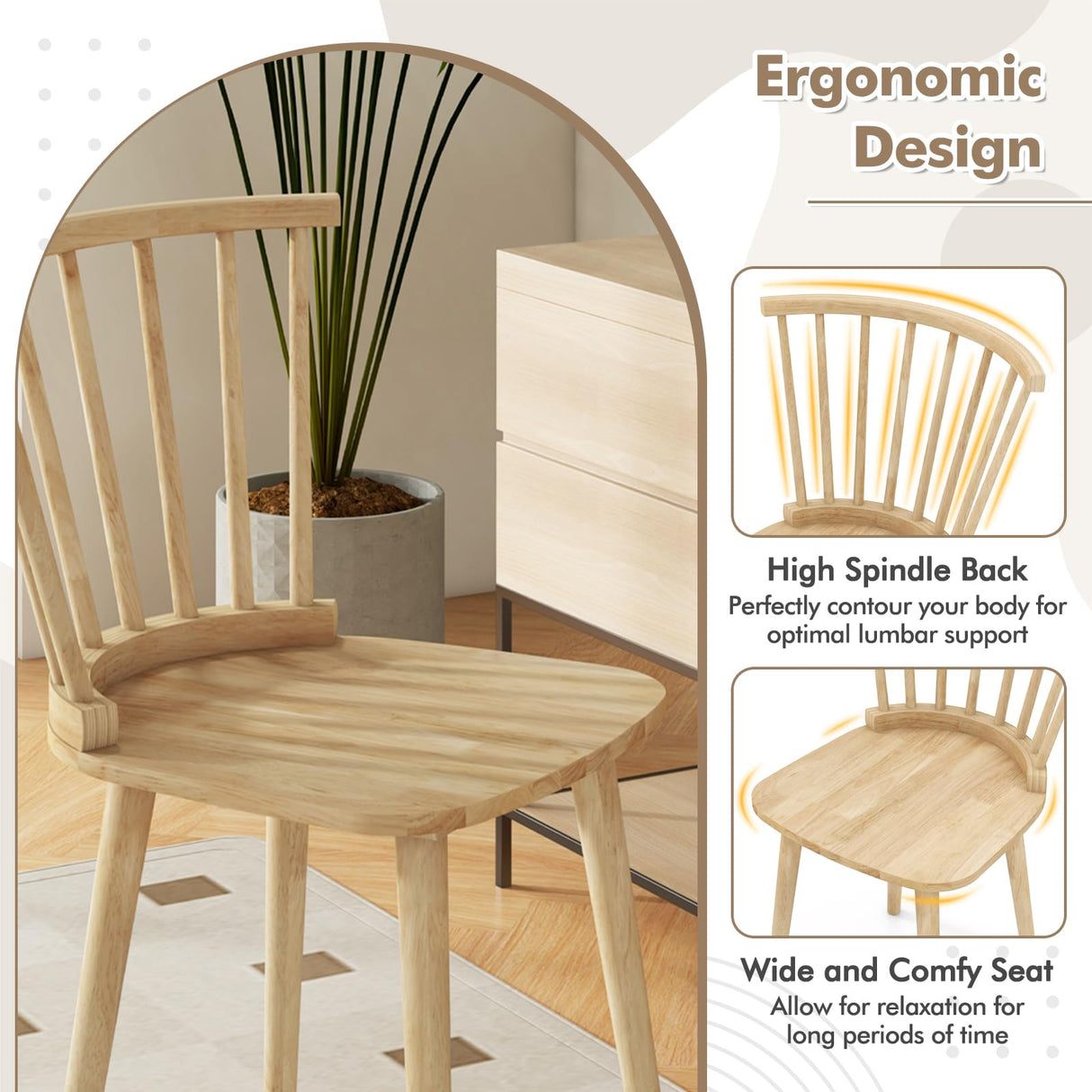 Giantex Wood Dining Chairs Set of 2, Windsor Dining Chairs, American Country Kitchen Chairs w/Rubber Wood Frame & High Spindle Back, Farmhouse Armless Side Chairs for Home Living Room, Natural Giantex