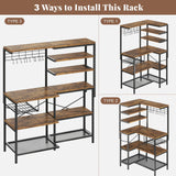 iabifo L-Shaped Bakers Rack with Power Outlet, 6-Tier Microwave Stand with Open Storage, Kitchen Shelf with Hooks, Coffee Bar with Wire Basket, Rustic Brown and Black iabifo