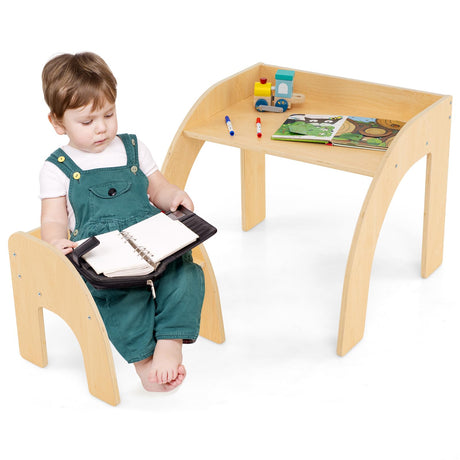 Costzon Kids Table and Chairs, Montessori Weaning Wooden Desk and Chair w/Wide Tabletop, Curved Edges, Space-Saving Design for Kids' Room, Nursery and Playroom, Toddler Table and Chair Set (Natural) Costzon
