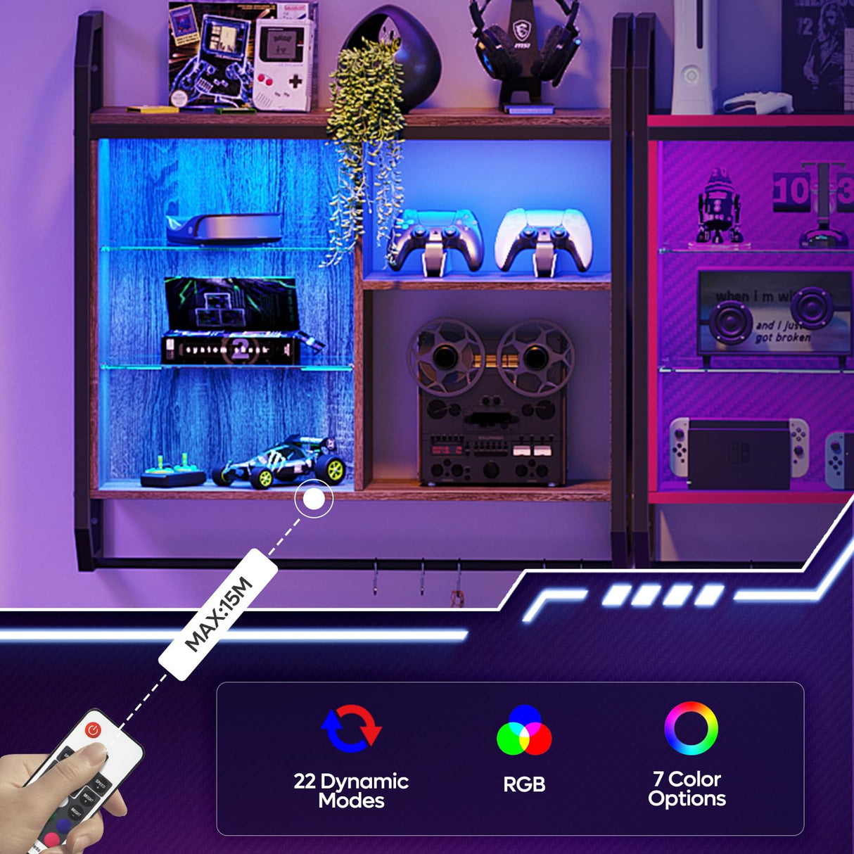 Bestier 34" LED Gaming Floating Shelf with Adjustable Glass, Industrial Pipe Design and USB Ambient Lights Bestier