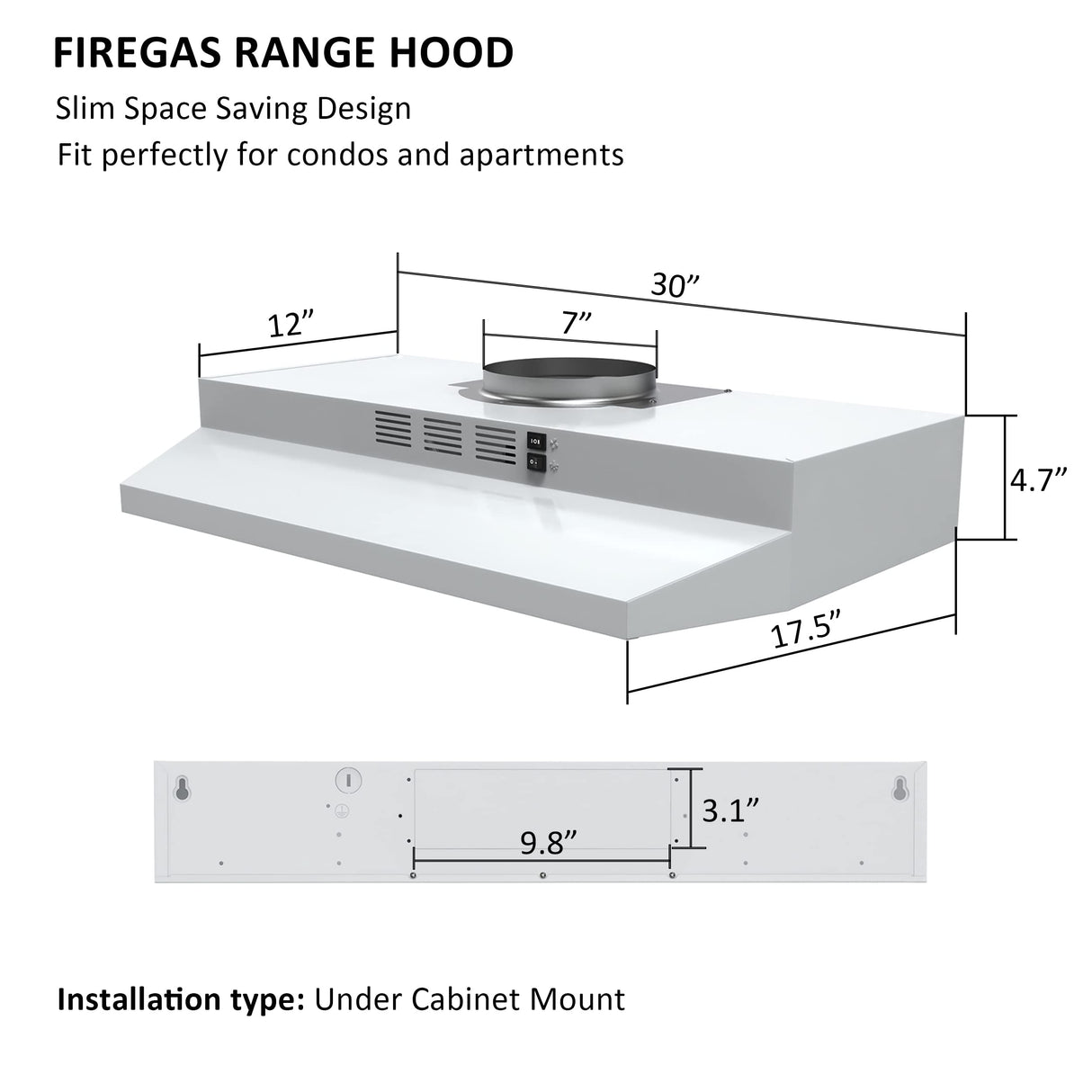 FIREGAS Range Hood 30 inch Under Cabinet Range Hood with 2 Speed Exhaust Fan,Ducted/Ductless Convertible,Rocker Button Control,300 CFM, White Vent Hood Aluminum Filter Included FIREGAS