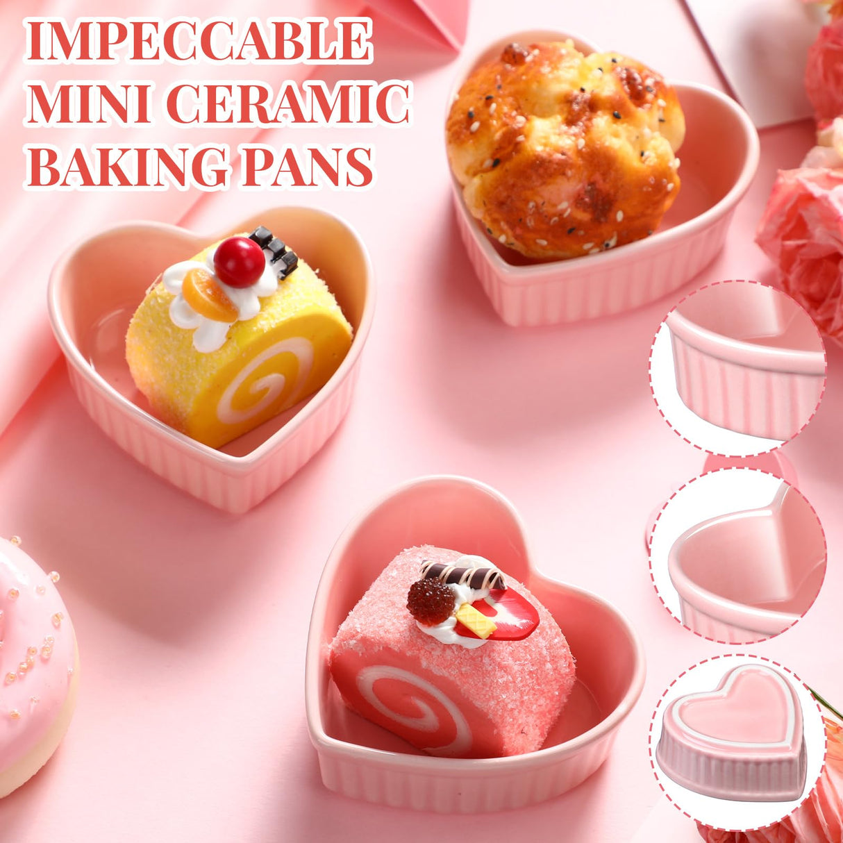 Reallnaive 8 Pcs Heart Shaped Ramekin Creme Brulee Ramekins Oven Safe 3.54 x 3.54 x 1.57 Inch Heart Shaped Bowl Small Baking Ceramic Ramekins Dishes for Souffle Snacks Quiche Appetizers Sauces(Pink) Reallnaive