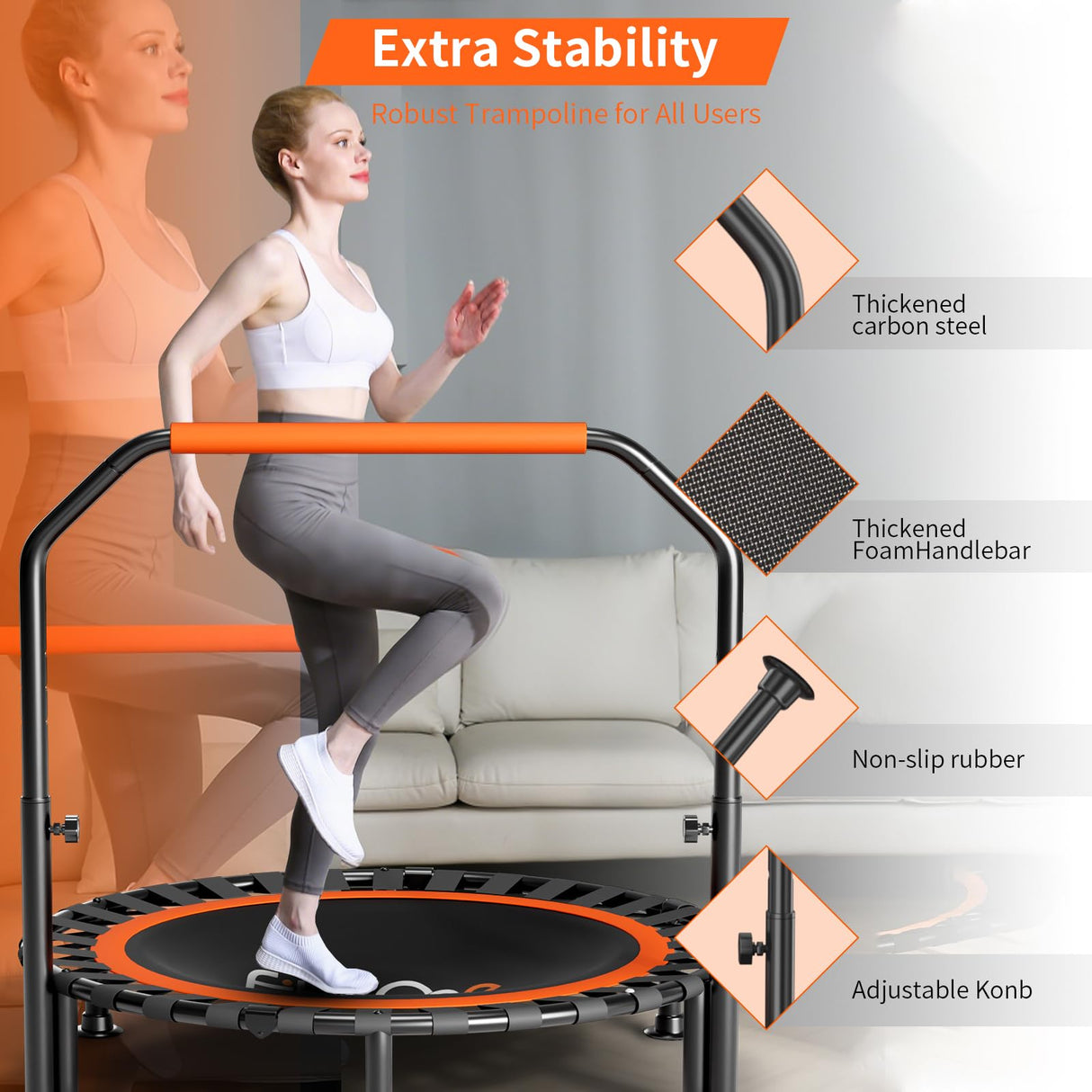 40"/48" Foldable Mini Trampoline Load 330lbs,Portable Exercise Rebounder Trampoline with Adjustable Foam Handle,Fitness Trampoline for Adults (40 in with handrail) FitinOne