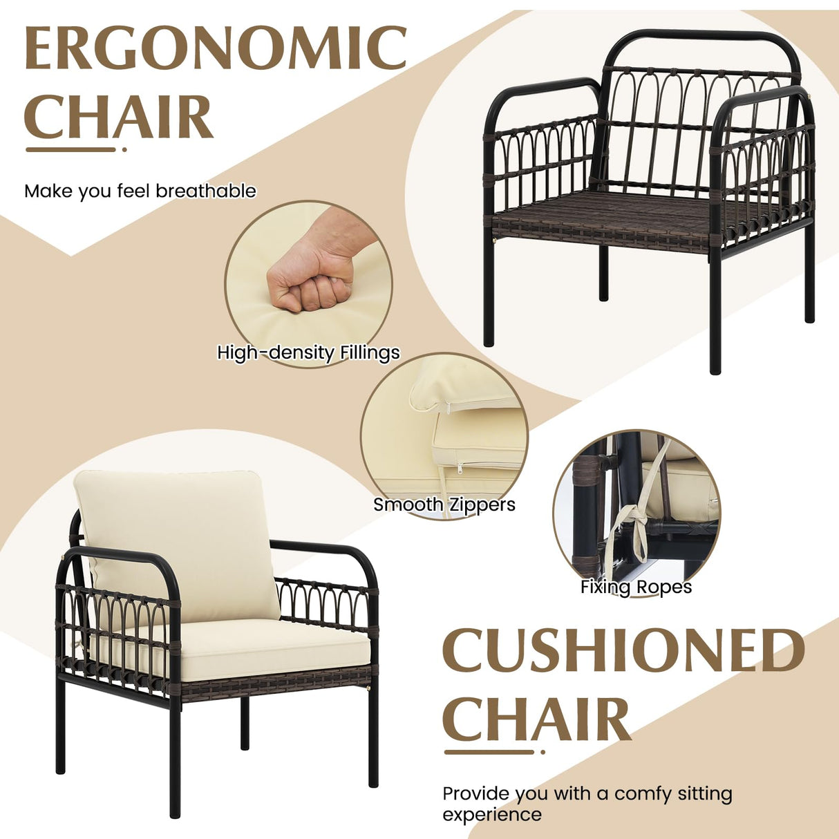 Tangkula 3 Pieces Patio Wicker Furniture Set, Outdoor Conversation Bistro Set with Cushioned Chairs and Tempered Glass Coffee Table, Modern Rattan Chair Set for Porch, Balcony, Lawn (Mix Brown-Beige) Tangkula