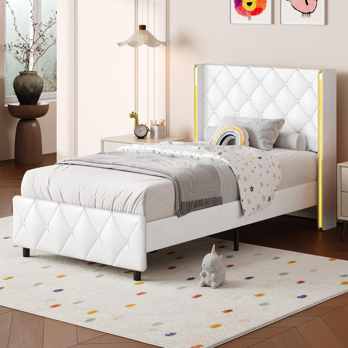 Twin Bed Frames with Headboard, Bed Frame Twin with Diamond Tufted Design, Upholstered Platform Bed with Wingback, No Box Spring Needed, Easy Assembly, White HOMBCK