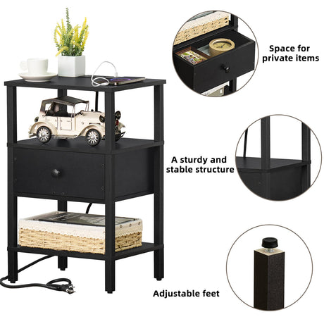 Lerliuo Nightstand with Charging Station and USB Ports, 3-Tier Storage End Table with Drawer Shelf, Night Stand for Small Spaces, Wood Bed Side Table for Living Room, Bedroom - Classic Black Lerliuo