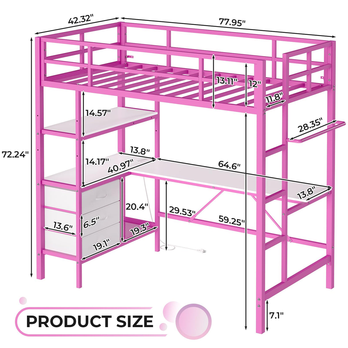DICTAC Loft Bed Twin Size with L-Shaped Desk, LED Lights and Charging Station Twin Metal Loft Bed Frame with 3 Storage Shelves and 3 Fabric Drawers, Safety Guard & Ladder, No Box Spring Needed, Pink DICTAC