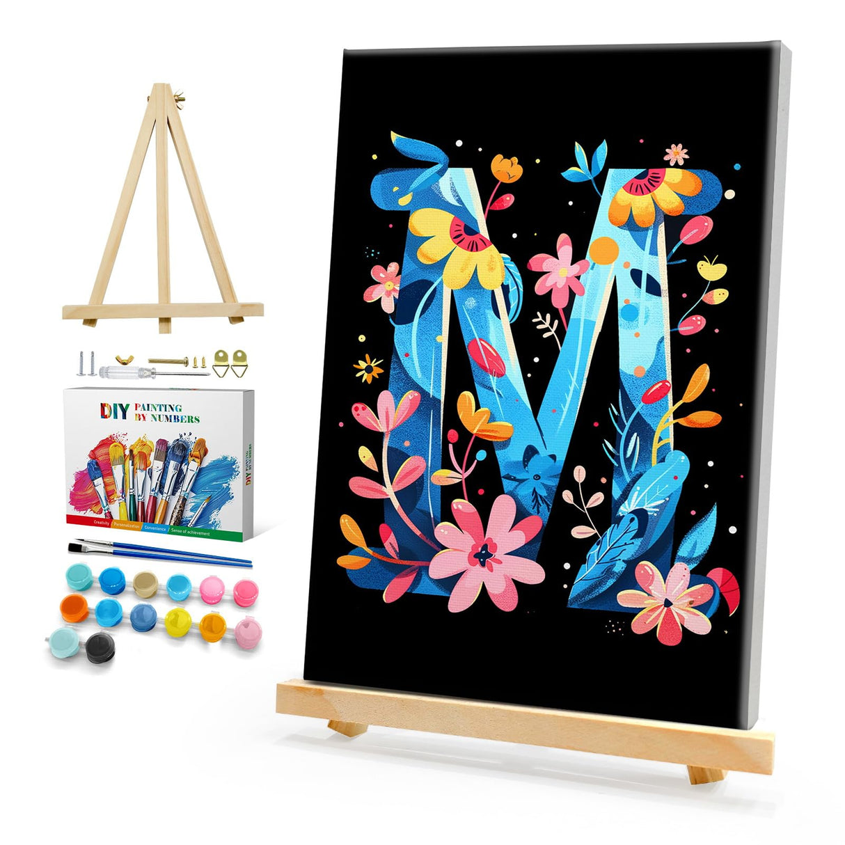 HeeBenor Easy Paint by Numbers Kit for Adults Beginner with Frame, DIY Letter Paint by Number with Easel, Adult Paint by Number Kits on Canvas Framed 8x12 Inch for Home Decor, M HeeBenor