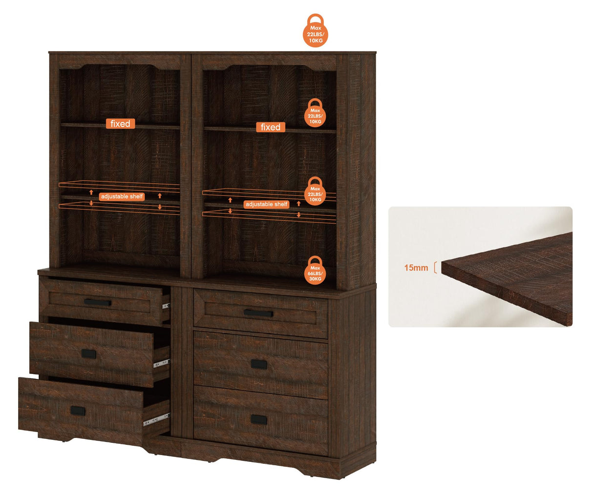 WAMPAT 2 Column 73.3" Tall Bookcase with Chest of Drawers, 63 inch Wide Standing Rustic Bookshelves, Modern Farmhouse Display Storage Cabinet with Adjustable Shelves,Dark Wood Brown WAMPAT