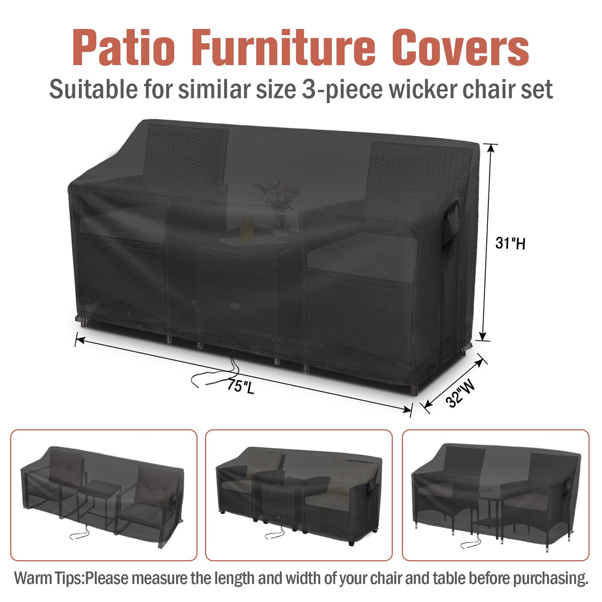 Kingling Patio Furniture Covers for 3 Piece Patio Chairs Set, Outdoor Furniture Cover Waterproof Wicker Chairs Cover - 75"L X32"W X31"H Kingling