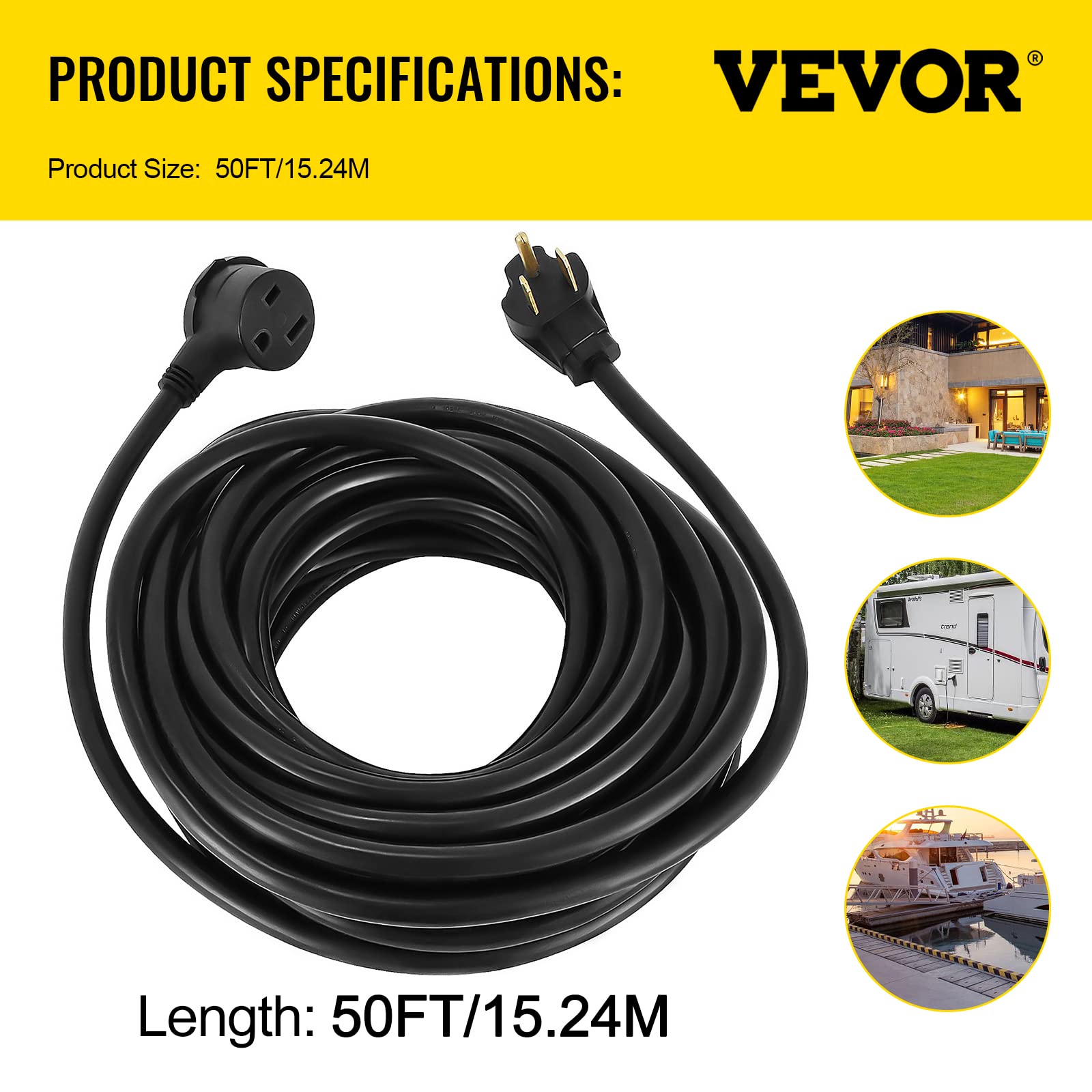 VEVOR Extension Cord, 50ft 250 Volt, 10 Gauge Heavy Duty Outdoor Welder Extension Cord with 10 Awg 3 Prong, 50 Amp Power Extension for Welding Machines, NEMA 6-50 Plug, ETL Approved, Black - WoodArtSupply