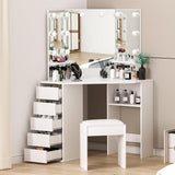 Wpond Corner Makeup Vanity Desk with Mirror and Lights - Adjustable LED Lighting, Spacious Storage, Built-in Charging, 5 Drawers, and Stool, White Wpond