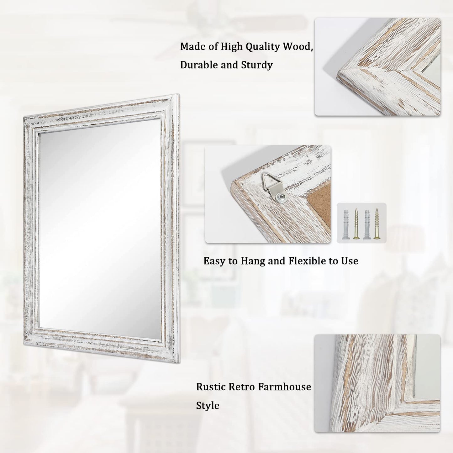 MWAZZLL Wall Mirror with Rustic Wood Frame Rectangle Mirrors for Wall Decorative Hanging Mirror for Bathroom Bedroom Farmhouse Living Room Small - WoodArtSupply