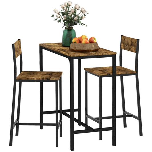 HOMCOM Rustic Brown 3-Piece Industrial Bar Table and Stool Set for Small Spaces