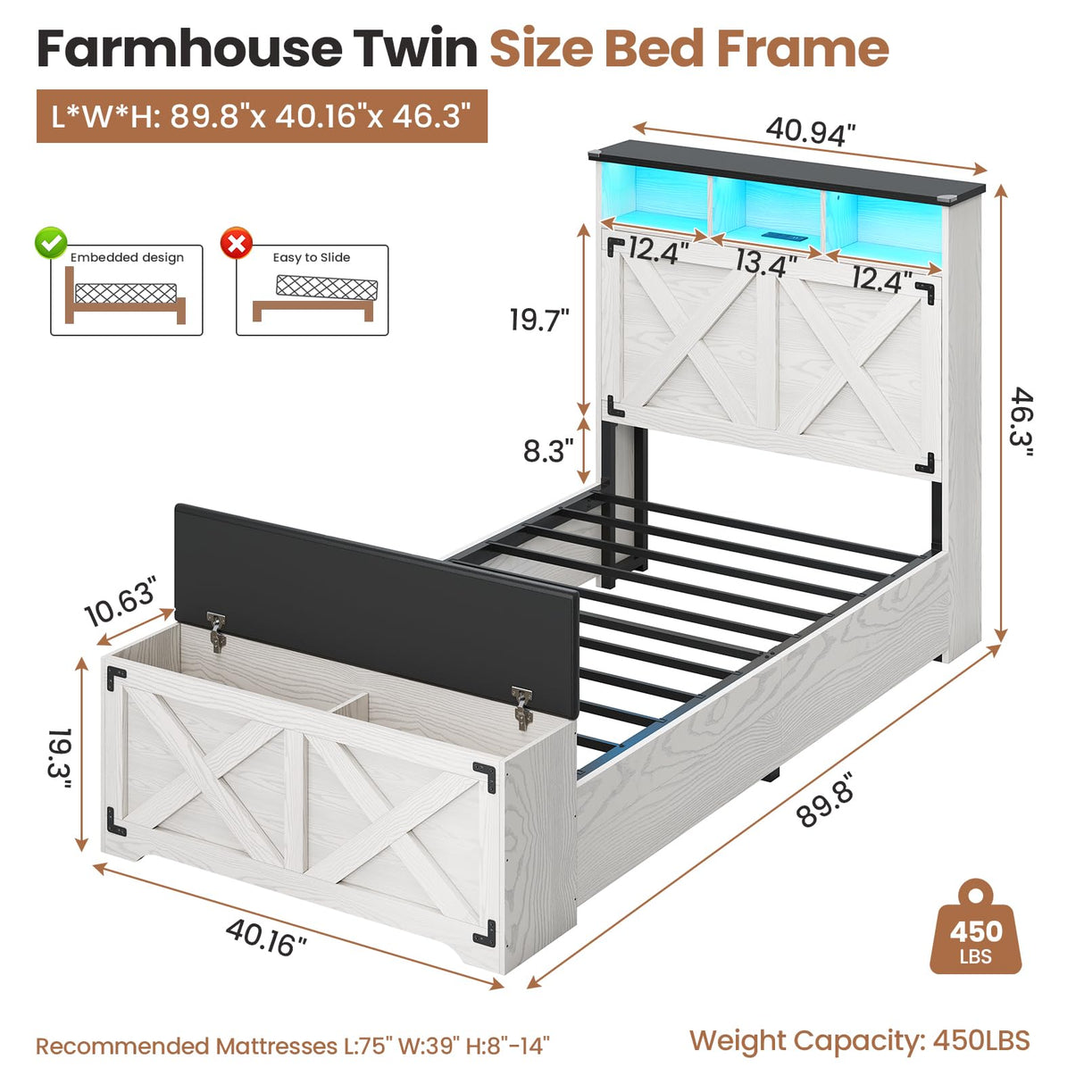 Hasuit Farmhouse Bed Frame Twin Size with Storage Headboard, Charging Station and LED Light, Wooden Twin Bed Frame with Storage Ottoman, Barn Door Design, No Box Spring Needed, No Noise (Walnut White) Hasuit