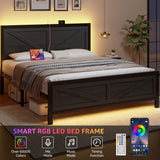 DOGIBIXO Led Bed Frame King Size with USB Charging Station, Industrial Platform Bed Frame with Farmhouse Barn Door Headboard, Strong Metal Slats Support, Noise Free, No Box Spring Needed, Black DOGIBIXO