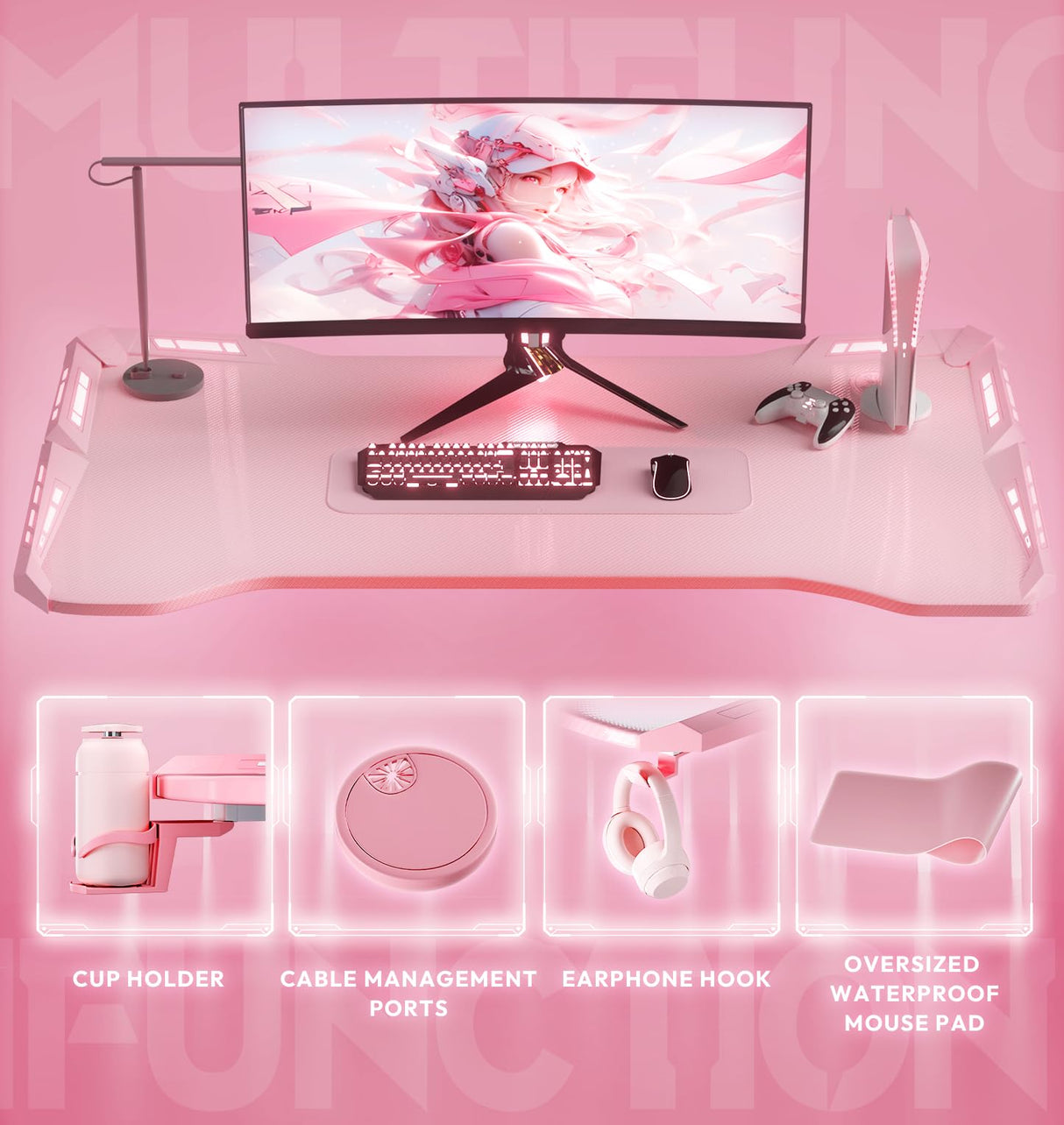 Dowinx Gaming Desk with LED Lights, RGB Gaming Computer Table with Carbon Fibre Surface, LED Home Office Desk with Remote Control, Pc Workstation with Cup Holder and Headphone Hook, 47 Inch, Pink Dowinx