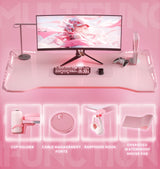 Dowinx Gaming Desk with LED Lights, RGB Gaming Computer Table with Carbon Fibre Surface, LED Home Office Desk with Remote Control, Pc Workstation with Cup Holder and Headphone Hook, 47 Inch, Pink Dowinx
