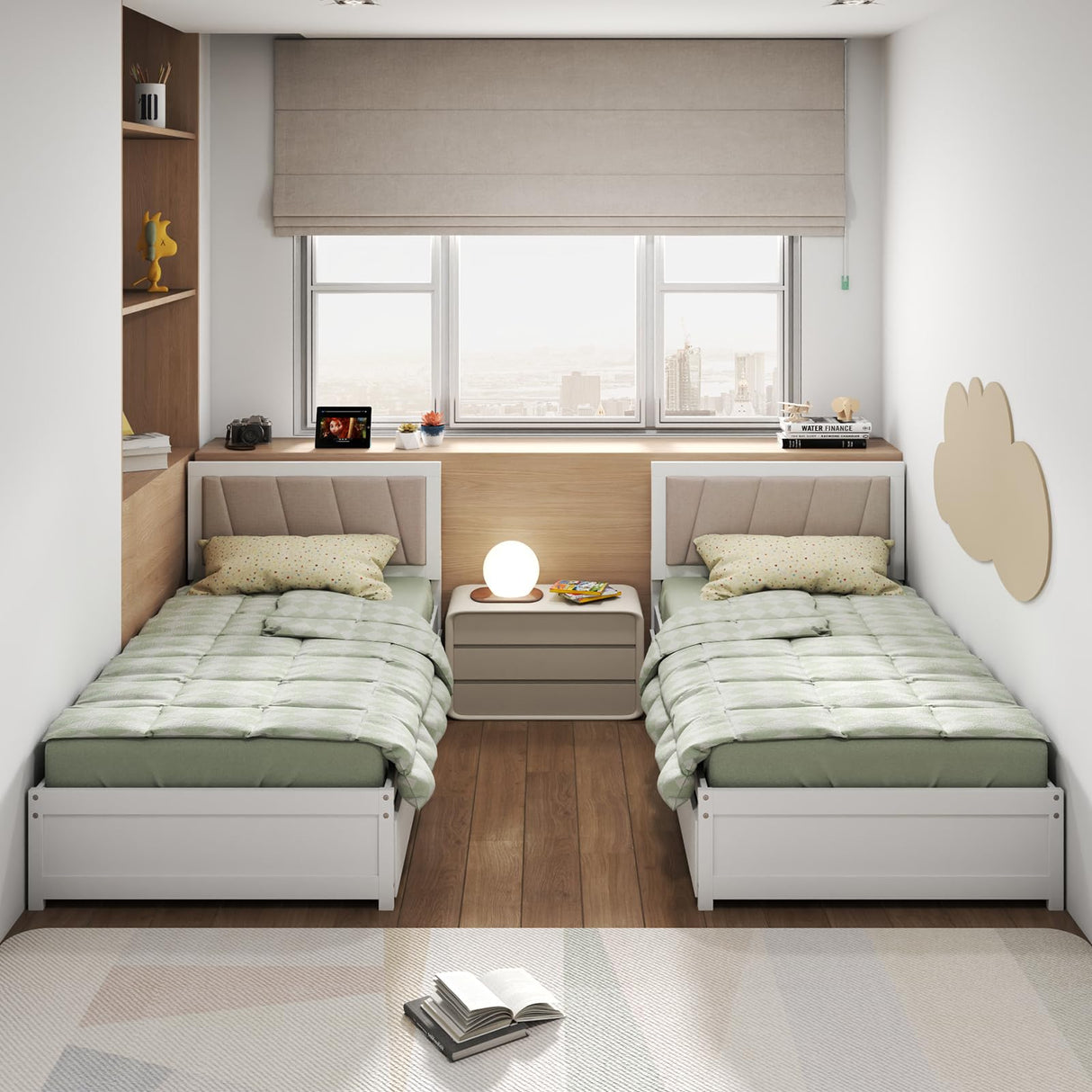 Giantex Wood Twin Bed with 2 Storage Drawers, Solid Wood Platform Bed with Upholstered Headboard, Wooden Slats Support, Twin Bed Frames for Kids Teens Adults, No Box Spring Needed, White & Beige Giantex