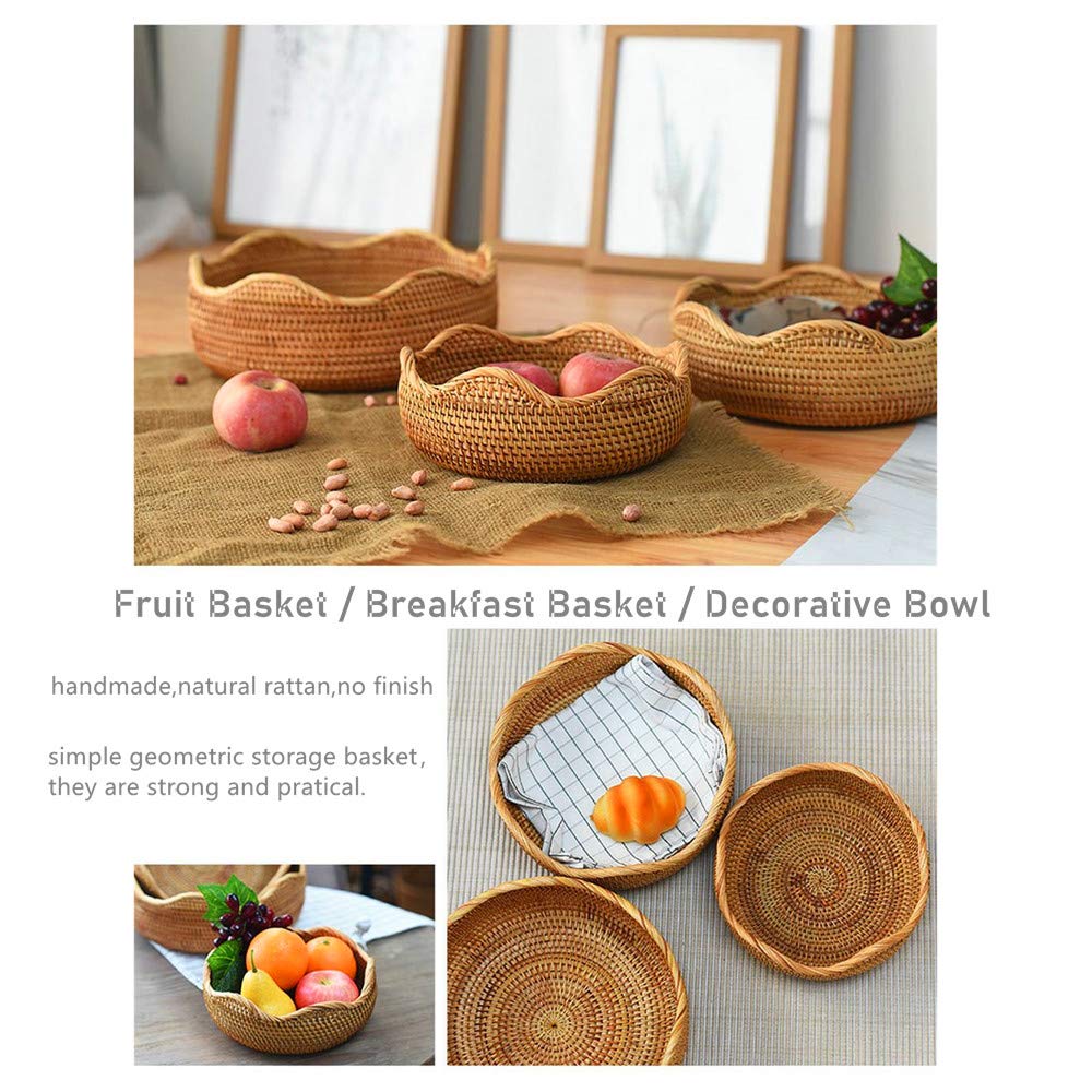 AMOLOLO Handmade Rattan Round Fruit Basket Food Storage Bowls Kitchen Organizer Snack Serving Bowl Wavy Edge Circle Tray Basket, Boho Home Décor Display Tray for Table, Dining Room (Medium 10.2") amololo