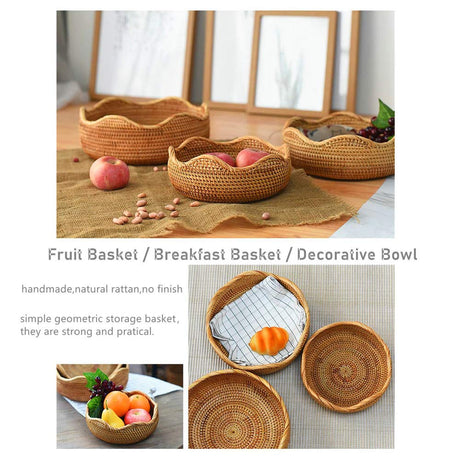 AMOLOLO Handmade Rattan Round Fruit Basket Food Storage Bowls Kitchen Organizer Snack Serving Bowl Wavy Edge Circle Tray Basket, Boho Home Décor Display Tray for Table, Dining Room (Medium 10.2") amololo