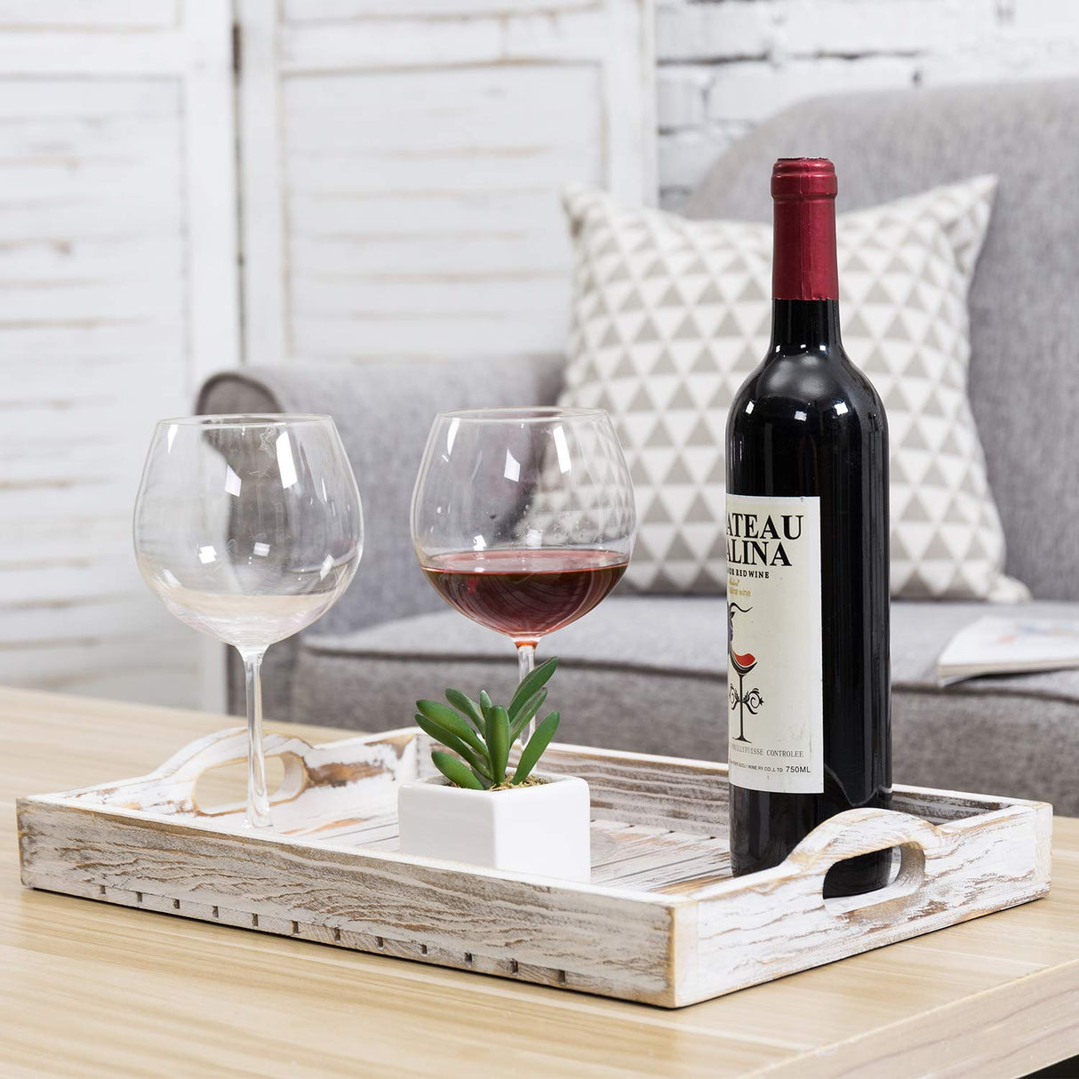 MyGift Shabby Chic Whitewashed Wood Breakfast Serving Tray with Cutout Handles MyGift