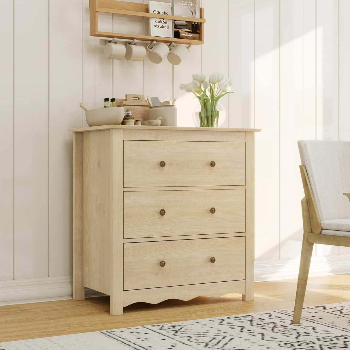 CHYMSUN Oversized 3 Drawer Dresser for Bedroom, Mid Century Modern Wooden Dressers Chest of Drawers with Handles, Waveform Nightstand Dresser, Storage Organizer for Bedroom, Living Room, Wood CHYMSUN