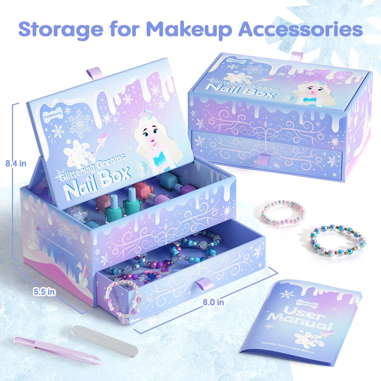 Tomons Kids Nail Polish Set for Girls, Non Toxic Nail Polish Art Kit for Kids Ages 7-12, Toys Gifts for 8 9 10 11 12 Girl, Bracelets, Glitter, Sequins, Stickers - 8 Colors Tomons