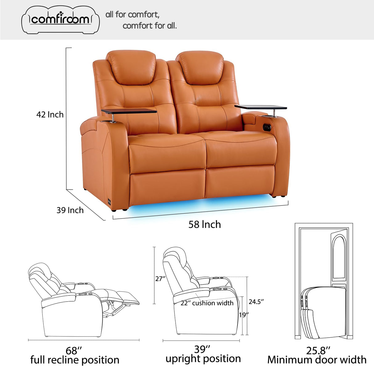 comfiroom Leather Home Theater Seating Seats, Simple Style Top Grain Leather Movie Theater Chairs Recliner Sofa with Tray Table Type-C USB Charger (Orange, Row of 2 Loveseat) comfiroom