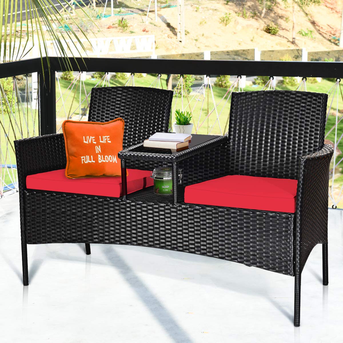 Tangkula Wicker Patio Conversation Furniture Set, Outdoor Furniture Set with Removable Cushions & Table, Tempered Glass Top, Modern Rattan Bench for Garden Lawn Backyard Tangkula