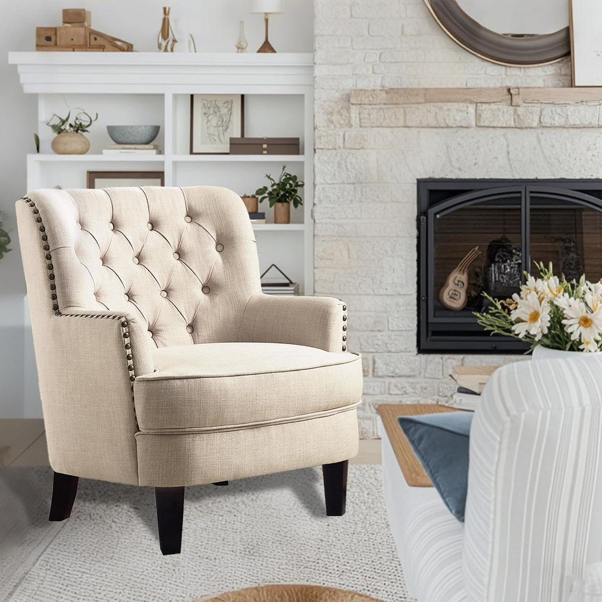 Hevaotry Velvet Upholstered Wingback Chair, 34.5”H Comfy Tufted Button Accent Chair, American Retro Barrel Chair, Contemporary Nailhead Armchair for Living Room, Bedroom, Reception Room, Beige Hevaotry