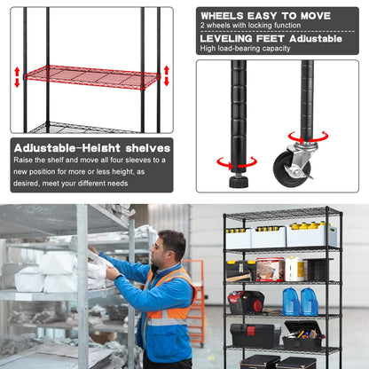 6 Tier Storage Shelves, 5999 Lbs Capacity Metal Shelf with Wheels Height Adjustable NSF Certification 48" L×18" W×72" H Heavy Duty Wire Shelving Units for Garage Pantry Kitchen Rack, Black