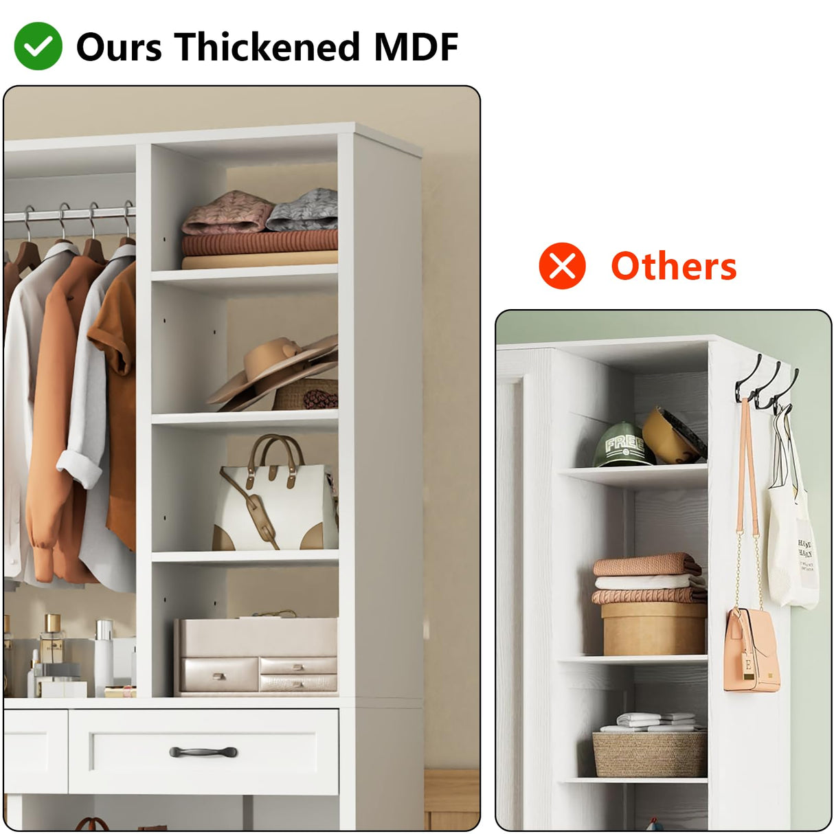 Armoire Wardrobe Closet with 2 Drawers, 81” H Wooden Wardrobe Closet with 10 Storage Shelves and 2 Hanging Rod, White Modern Armoire, Clothing Storage Cabinet Organizer Combination, Bedroom Furniture Gyfimoie