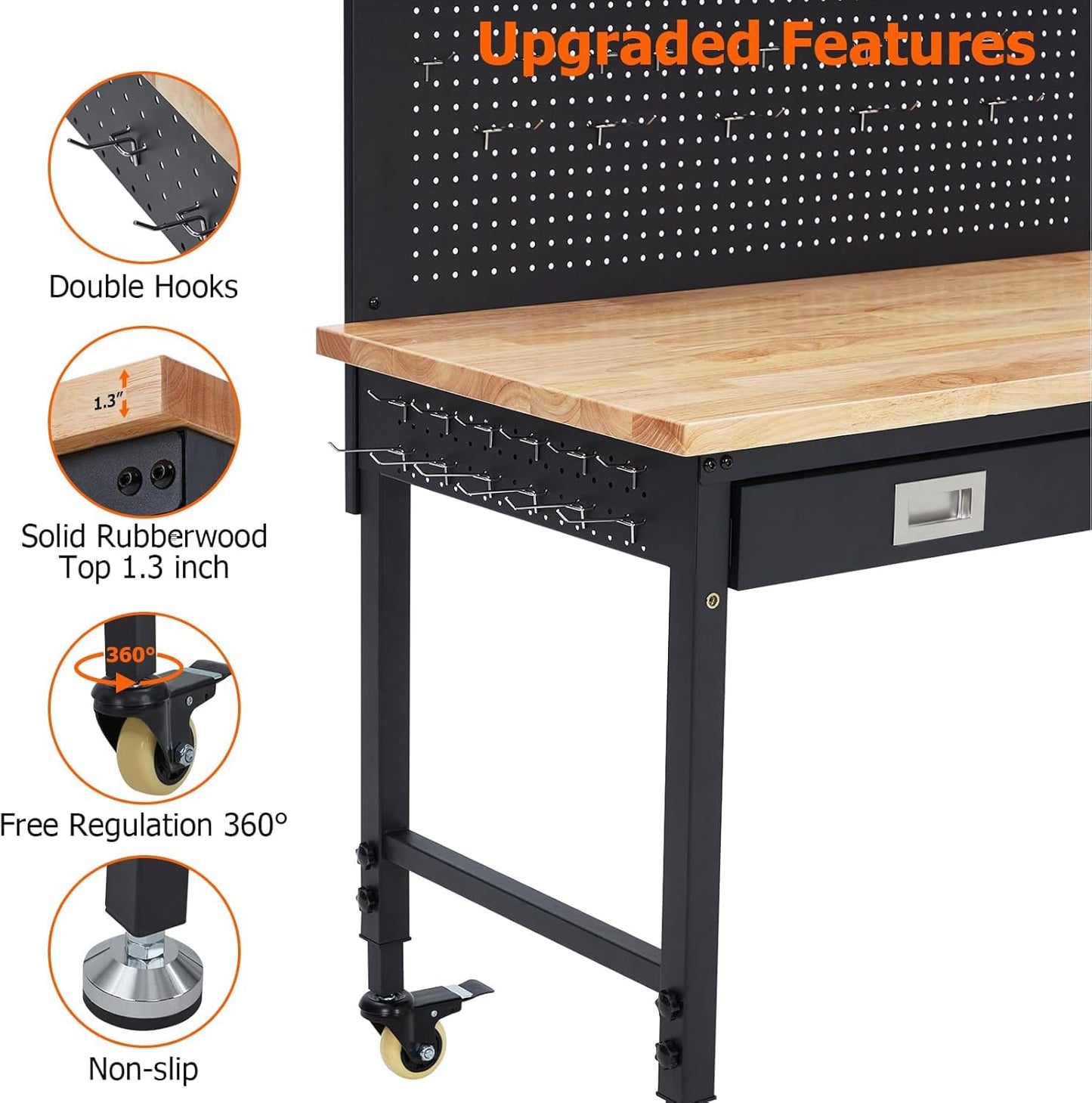 Workbench Adjustable Heavy-Duty 48" L X 24" W Workbench with Power Outlet, Drawers, Pegboard, and Wheels – 2200 Lbs Capacity Rubber Wood Top, Rolling Work Benchesfor Garage, Workshop, Home, Office