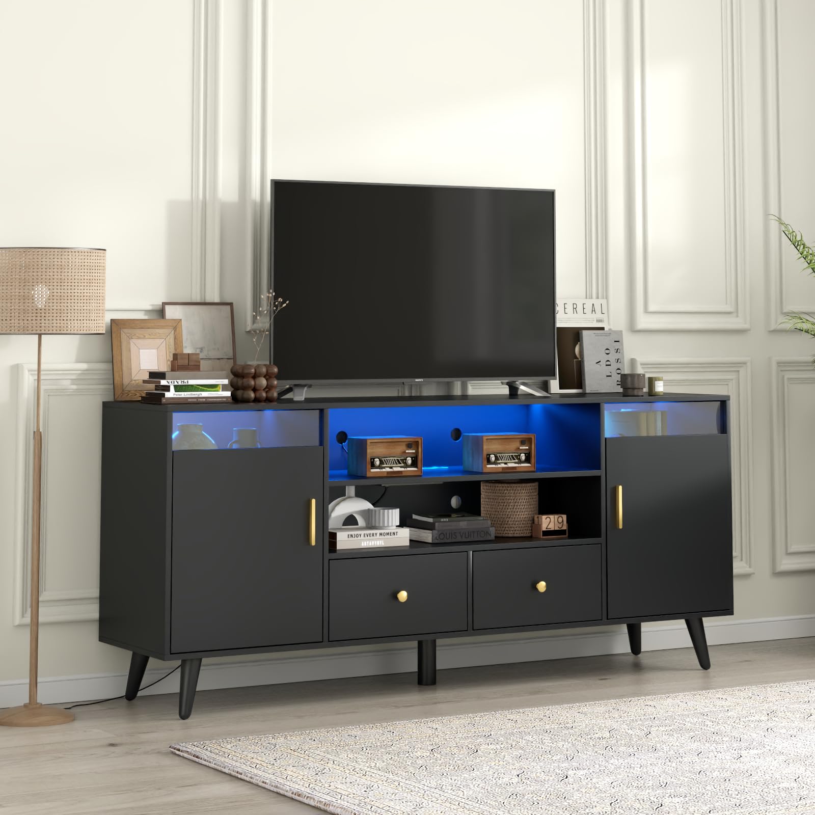 TV Stand for TV up to 65 Inch, LED Lights Entertainment Center with Power Outlet, TV Cabinet with Storage Drawers and Open Shelf, Modern TV Media Console for Living Room, Black Television Tab - WoodArtSupply