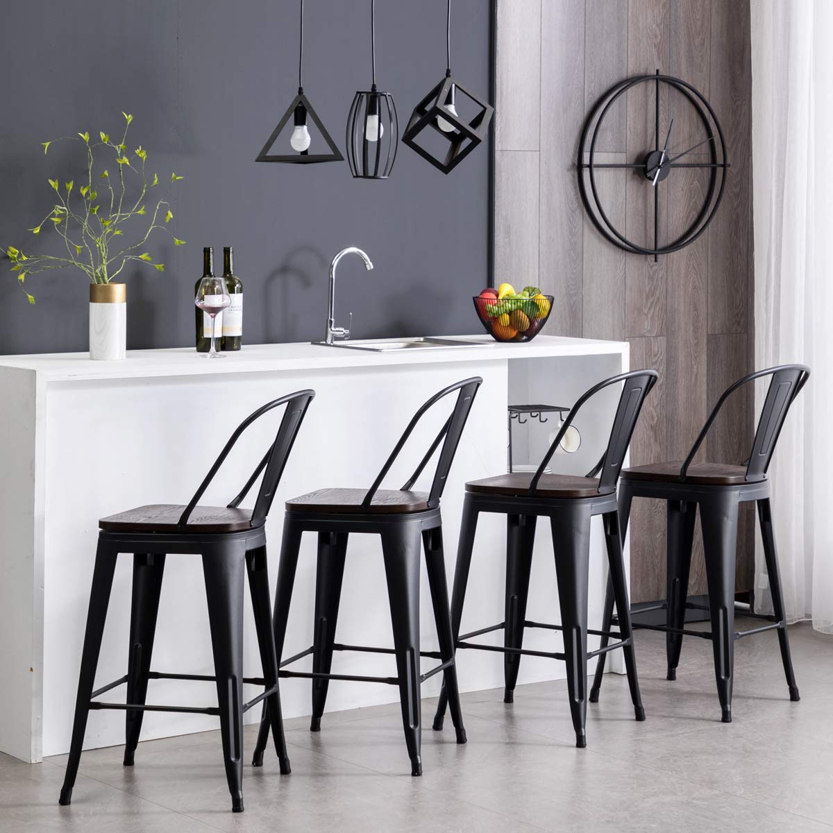 HAOBO Home 26" High Back Metal Counter Stool Height Bar Stools with Wooden Seat [Set of 4], Black HAOBO Home