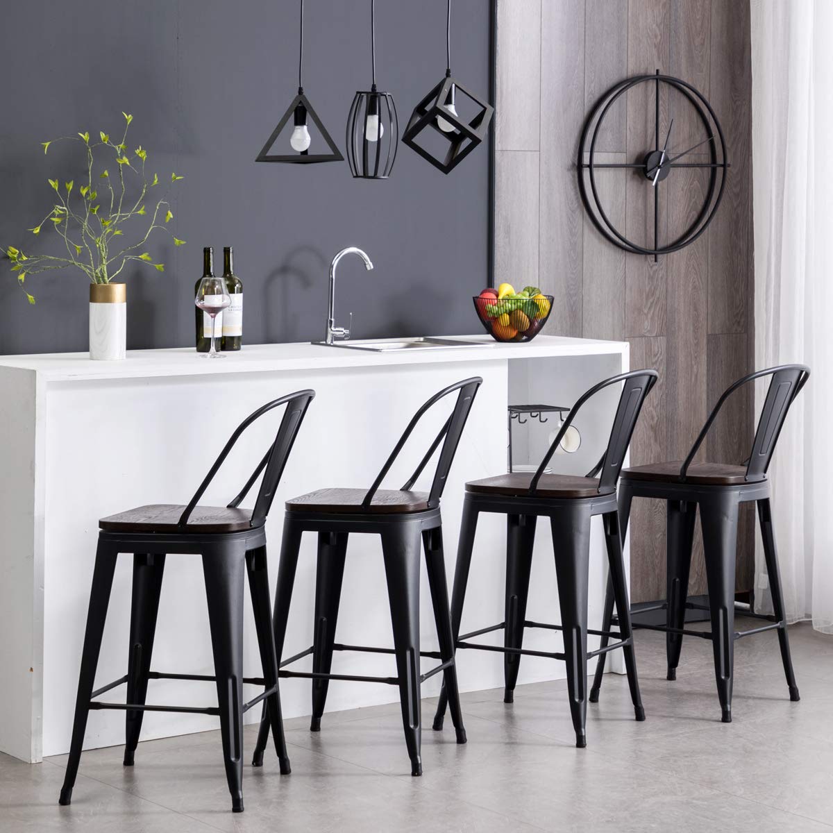 HAOBO Home 26" High Back Metal Counter Stool Height Bar Stools with Wooden Seat [Set of 4], Black