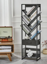 ZEXVIDA Bookshelf with Drawer,10 Tier Tree Bookcase Retro Floor Standing Bookshelves,Tall Wood Bookcases with Cabinet Storage Organizer for Living Room, Bedroom & Home Office, Black ZEXVIDA