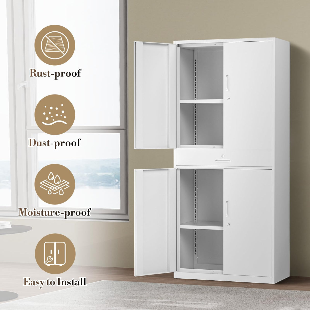 Athena Collection 4 Tier Metal Storage Cabinet with Drawer, 71" Garage Storage Cabinet with Adjustable Shelves, Lockable File Tool Tall Cabinet for Home Office Garage, White Athena Collection