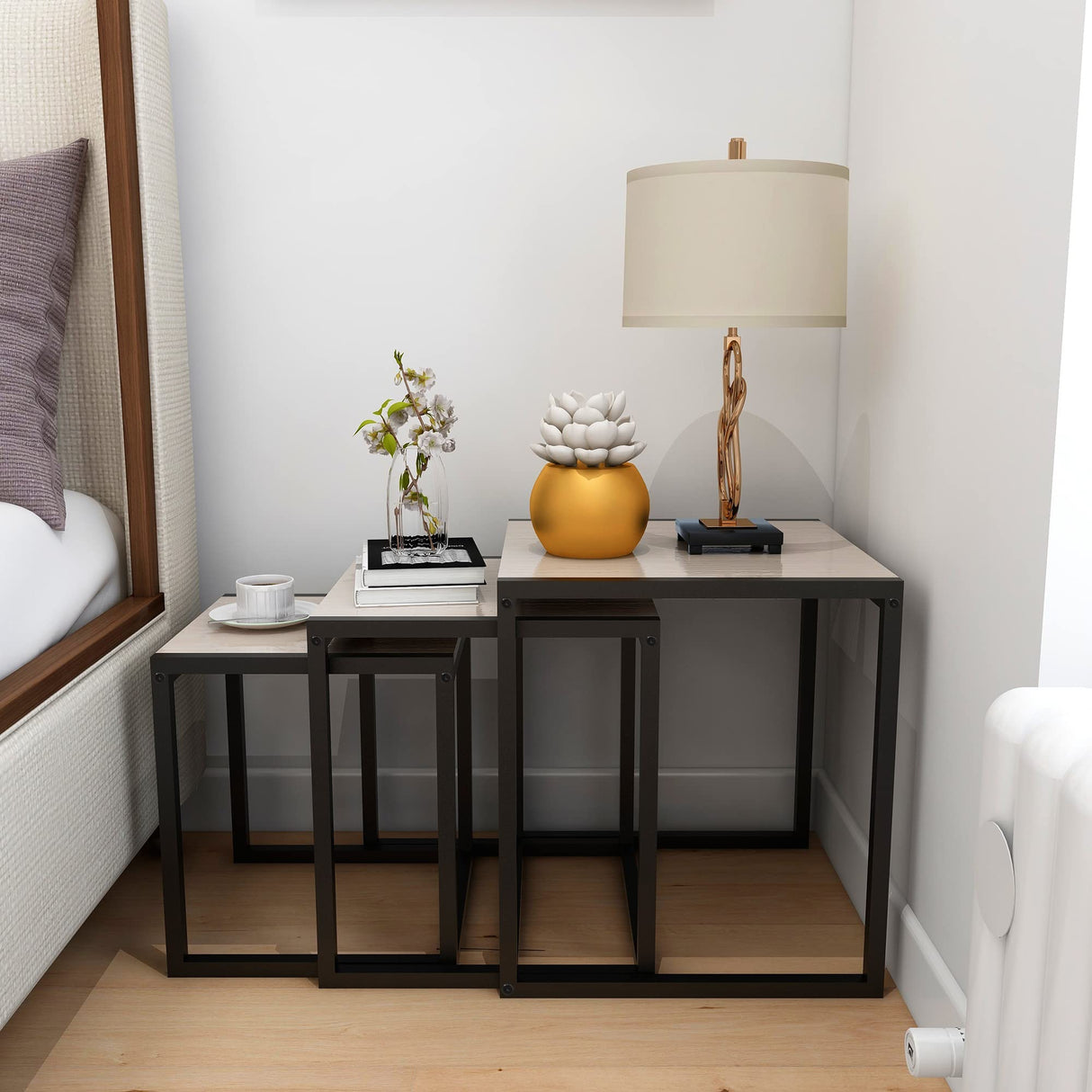 HAHRIR Nesting Table Set of 3 Side Tables, Modern Coffee Table Stacking End Table with Metal Frame，Oak HAHRIR