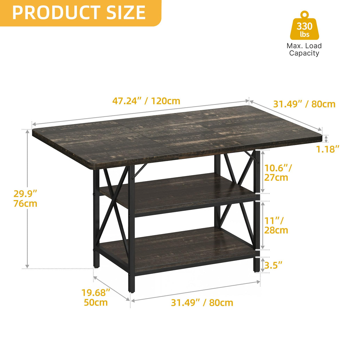 DWVO Dining Room Table 47 Inch Rectangle Dining Table for 4 People Farmhouse Kitchen Table Rustic Dinner Table with Storage Shelf and Heavy Duty Metal Legs for Home Apartment DWVO