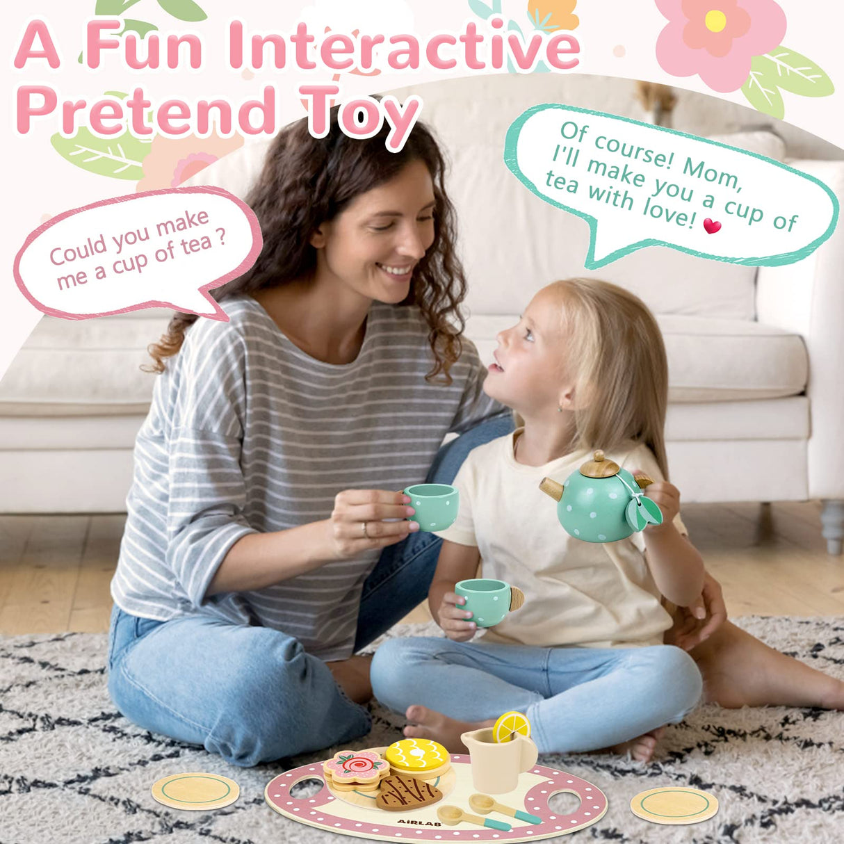 Wooden Tea Set for Little Girls Play Food Pretend Play Kitchen Accessories for 3 4 5 Years Old Girls and Boys Toddler Princess Tea Time Party Food Toys Airlab