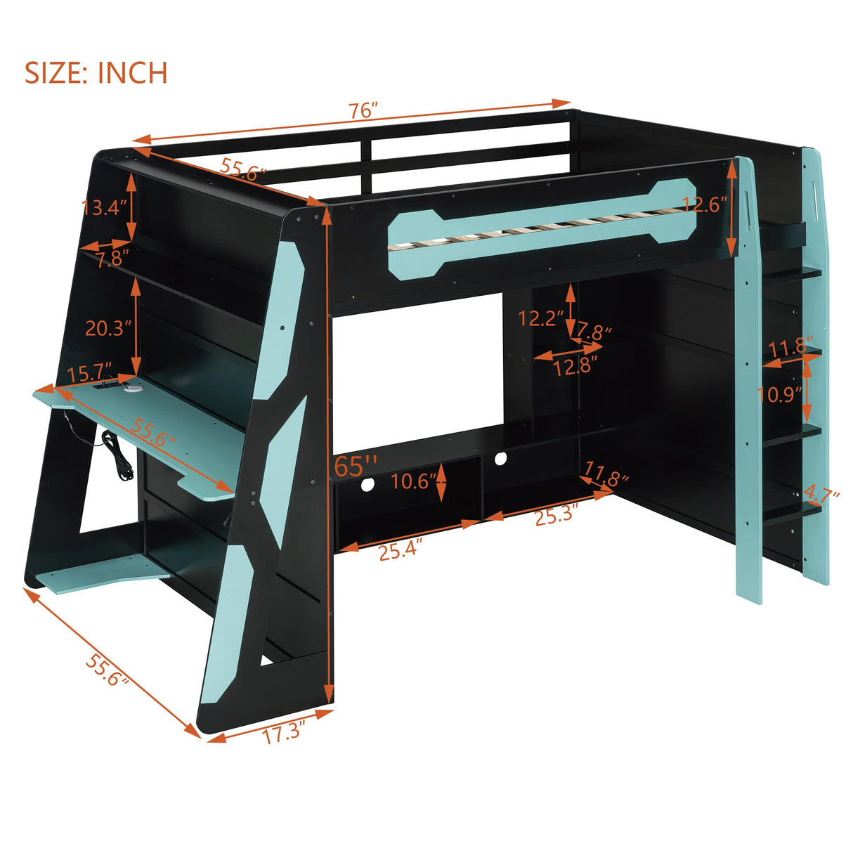 Full Size Wood Gaming Loft Bed with Desk, Full Loft Bed with Multi-Storage Shelves, Light and Charging Station for Teens, Adults Desk Built-in Console Shelf Underneath No Box Spring Needed, Blue Bellemave