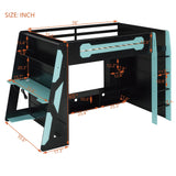 Full Size Wood Gaming Loft Bed with Desk, Full Loft Bed with Multi-Storage Shelves, Light and Charging Station for Teens, Adults Desk Built-in Console Shelf Underneath No Box Spring Needed, Blue Bellemave