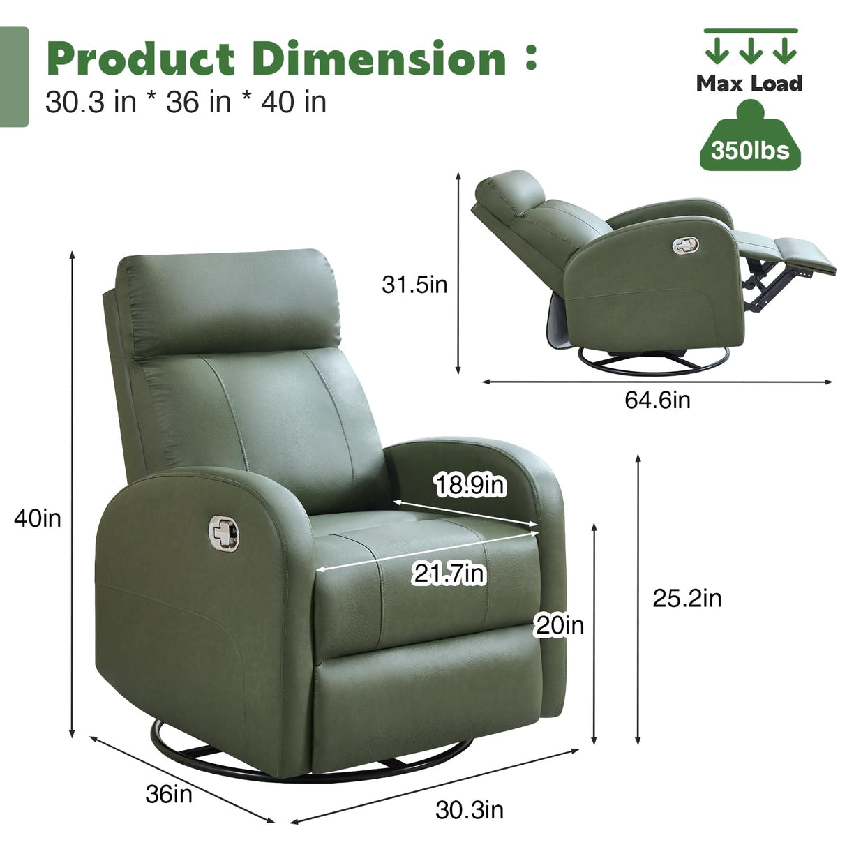 HOMYKA Swivel Rocker Recliner, Faux Leather Rocking Recliner Chair with Manual Adjustable Footrest, Reclining Chair Nursery Glider Recliners for Small Spaces, Living Room, Dark Green HOMYKA