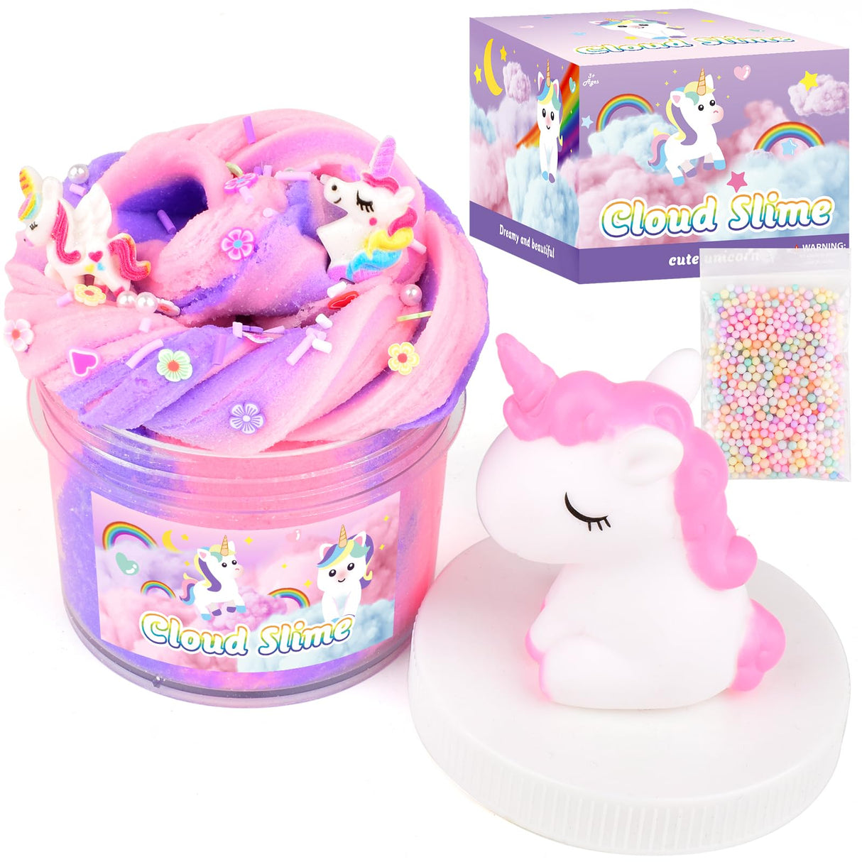 Unicorn Cloud Slime for Kids – Pink & Purple DIY Slime with Unicorn & Rainbow Charms –Stretchy Toy for Girls&Boys – Soft Scented Sensory Gift for Kids WUJYLY
