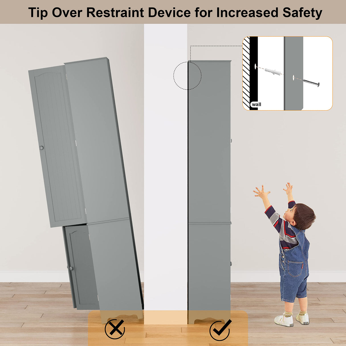 Function Home Tall Pantry Cabinet, Freestanding Storage Cabinet, Wooden Kitchen Pantry with 4 Doors and 5 Shelves, 72" Floor Cabinet Organizer for Kitchen Living Room Bathroom, Grey Function Home